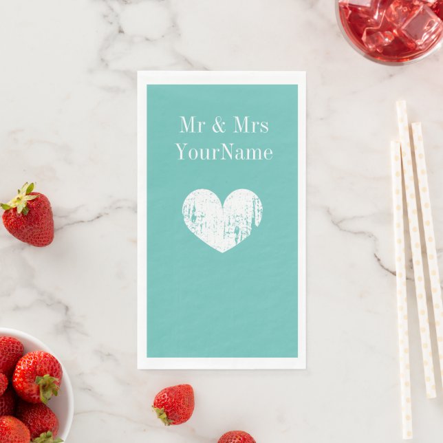 Serviette En Papier Mariage de coeur bleu turquoise personnalisé (En situation)