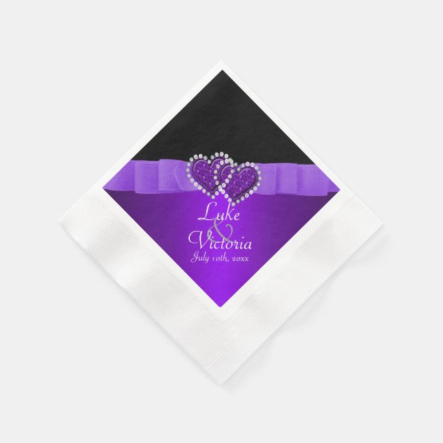 Serviette En Papier Mariage de Coeurs Diamants Noir & Violet (Coin)