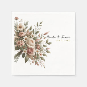 Serviette En Papier Mariage de coin floral élégant vert olive et blanc