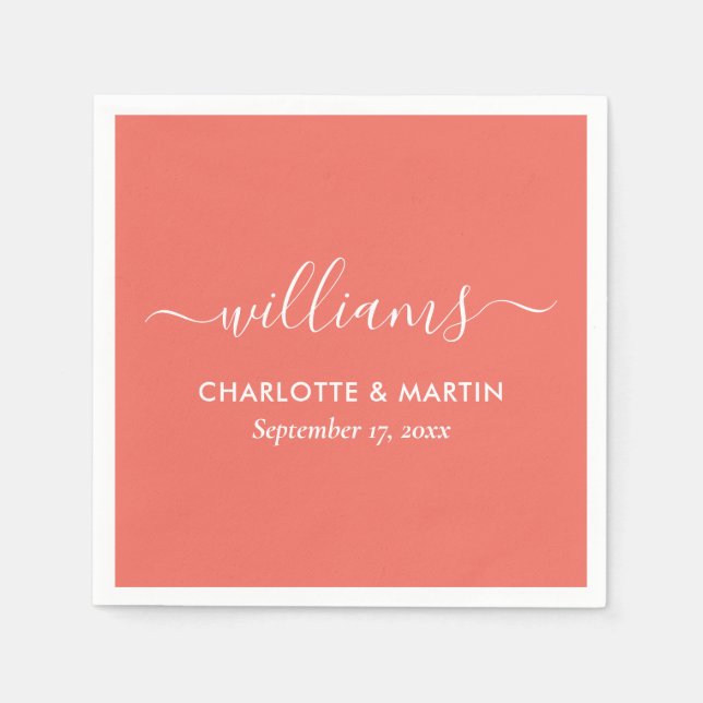 Serviette En Papier Mariage de corail à script moderne (Devant)