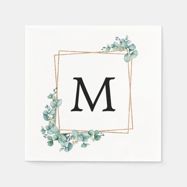 Serviette En Papier Mariage de couple avec monogramme doré et verdure (Devant)