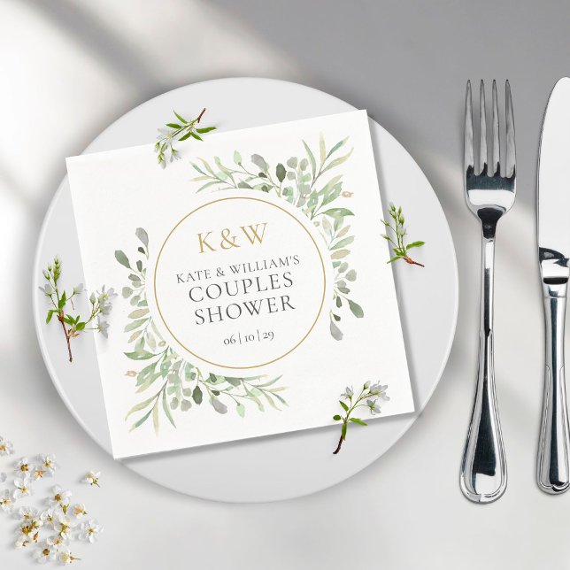 Serviette En Papier Mariage de couple avec monogramme doré et verdure (Créateur téléchargé)