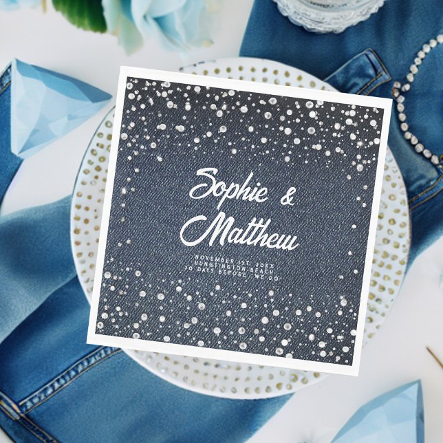 Serviette En Papier Mariage de couple en denim avec diamants et perles (denim pearls couple wedding shower personalized napkin blue jeans white coed his hers jack jill chic)