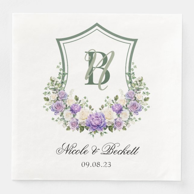 Serviette En Papier Mariage de crête florale blanche violette (Devant)