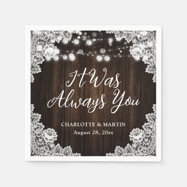 Serviette En Papier Mariage de dentelle de bois rustique (Devant)