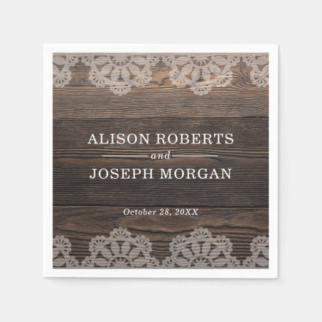 Serviette En Papier Mariage de dentelle en bois rustique (Devant)