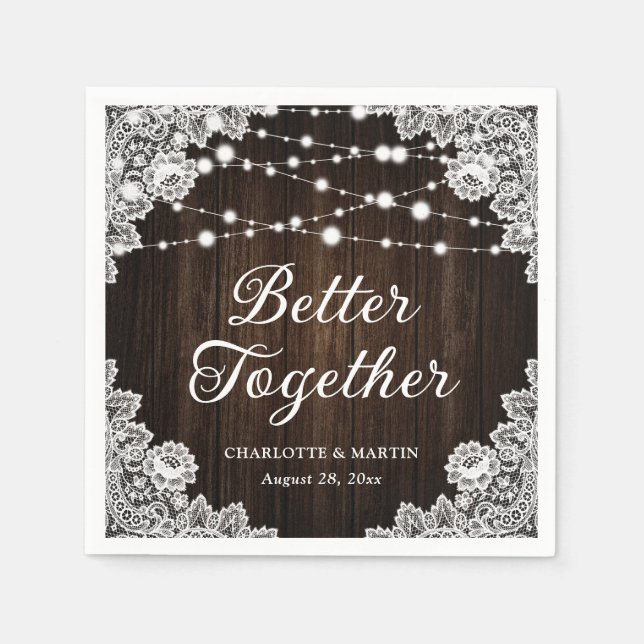 Serviette En Papier Mariage de dentelle en bois rustique (Devant)