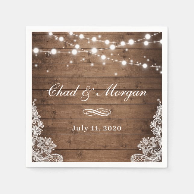 Serviette En Papier Mariage de dentelle en bois rustique (Devant)