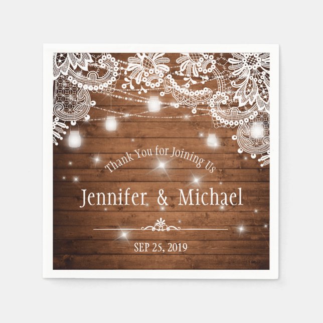 Serviette En Papier Mariage de dentelle en bois rustique Mason Jar (Devant)