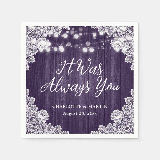 Serviette En Papier Mariage de dentelle fleurie en bois rustique viole (Devant)