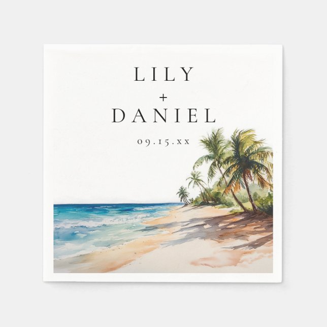 Serviette En Papier Mariage de destination tropical à l'aquarelle (Devant)