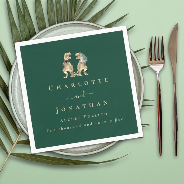 Serviette En Papier Mariage de Dinosaures Vert Foncé (dinosaur bride and groom wedding dark green Jurassic custom napkins)