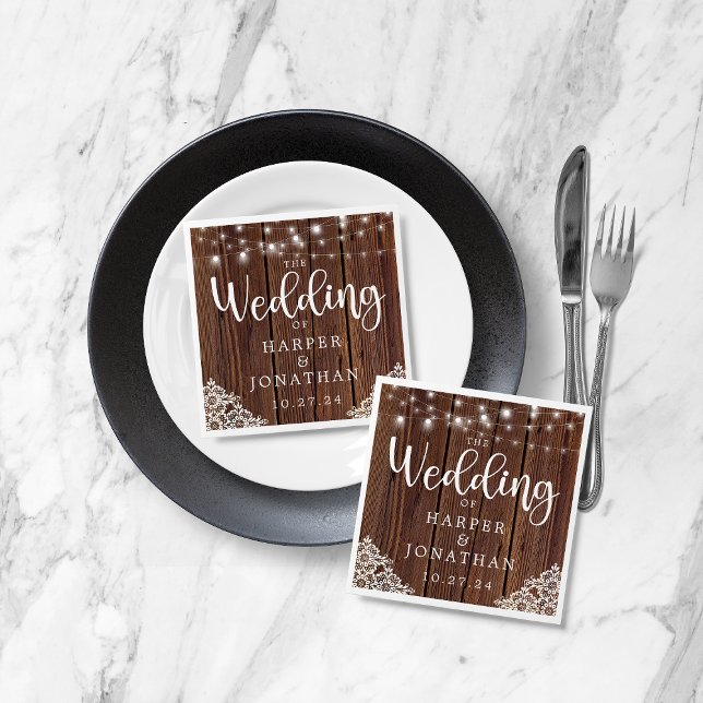 Serviette En Papier Mariage de fermière en dentelle de bois rustique (Créateur téléchargé)