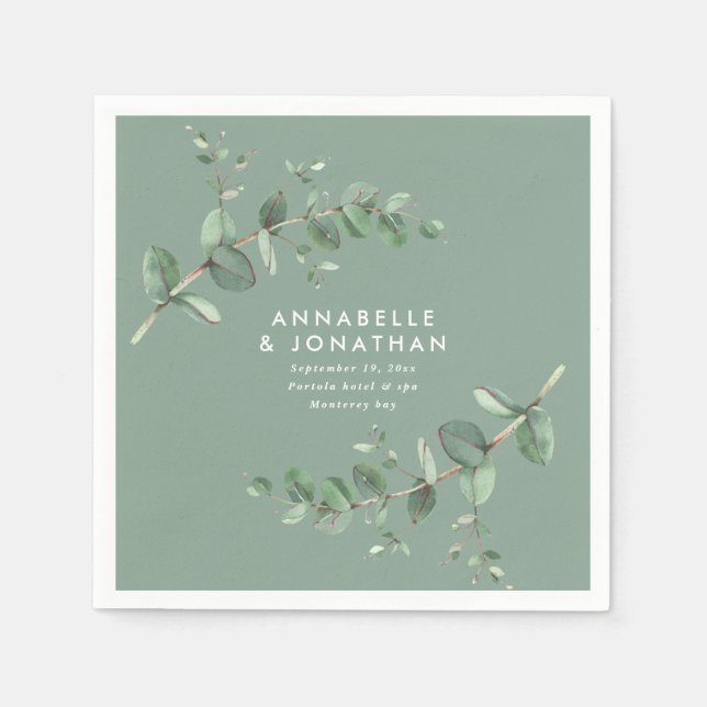 Serviette En Papier Mariage de feuillage élégant à l'eucalyptus vert S (Devant)