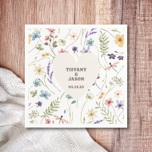 Serviette En Papier Mariage de Fleur sauvage d'aquarelle Coeur unique