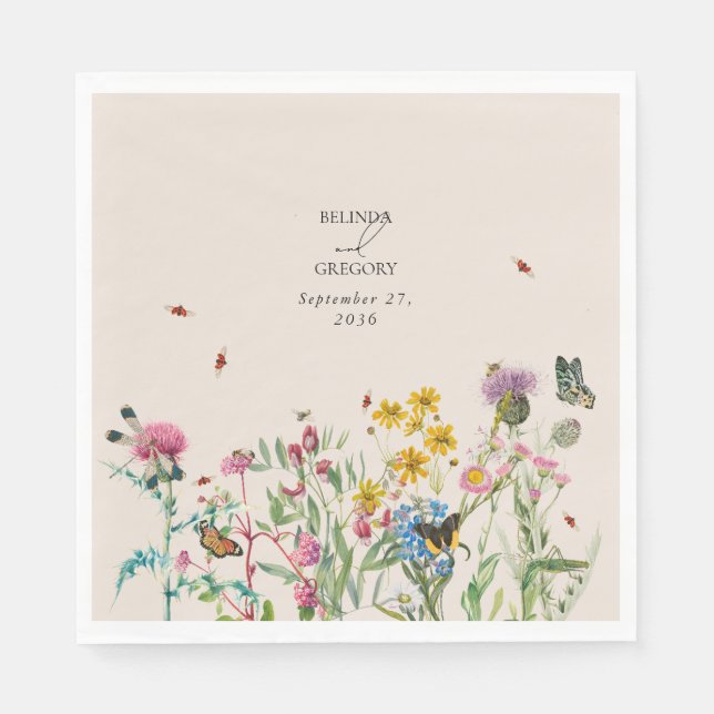 Serviette En Papier Mariage de Fleur sauvage d'aquarelle Jardin & Inse (Devant)