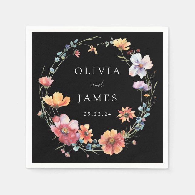 Serviette En Papier Mariage de Fleur sauvage d'aquarelle noir (Devant)