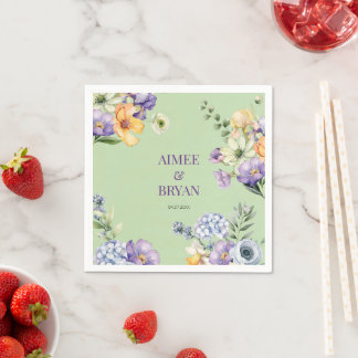 Serviette En Papier Mariage de fleurs d'aquarelle verte