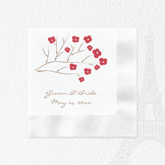 Serviette En Papier Mariage de fleurs de cerisiers rouges de branche d (Créateur téléchargé)