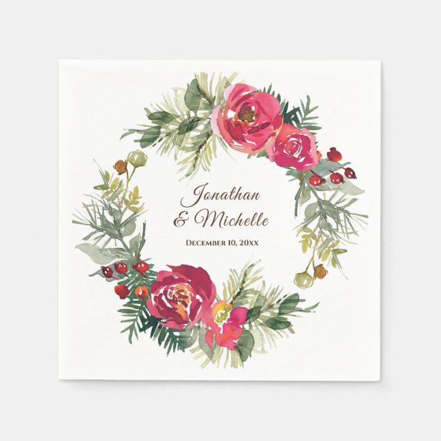 Serviette En Papier Mariage de fleurs de Noël rose rouge (Devant)
