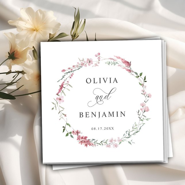 Serviette En Papier Mariage de fleurs de prairie sauvage rose pâle rou (dusty rose wildflowers napkins)