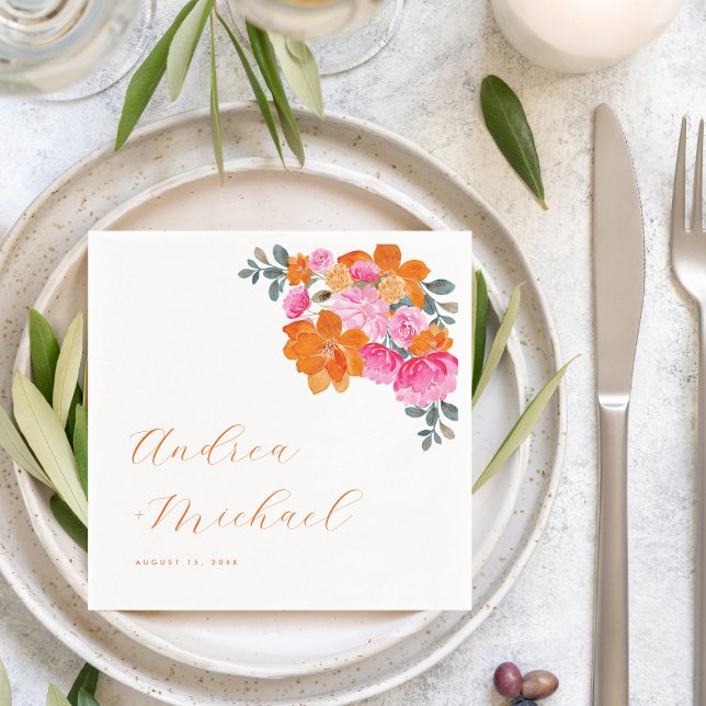 Serviette En Papier Mariage de fleurs florales d'été rose orange (Créateur téléchargé)