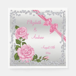 Serviette En Papier Mariage de fleurs roses, vaches et diamants