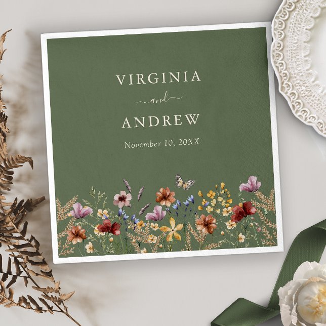 Serviette En Papier Mariage de fleurs vertes (Boho Sage Green Floral Wedding Napkins with Butterfly by Painted Paperie
)