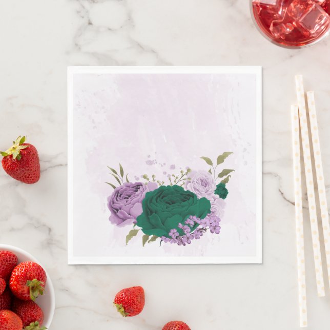 Serviette En Papier mariage de fleurs violettes vert émeraude (En situation)