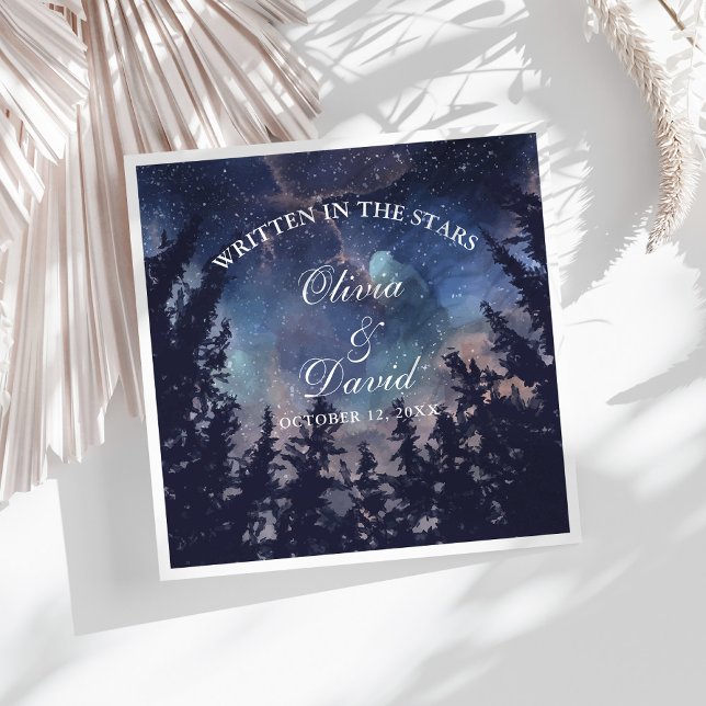 Serviette En Papier Mariage de forêt de nuit étoilée (Starry Night Forest Wedding Paper Dinner Napkins on a sunny white table.)