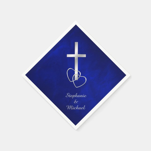 Serviette En Papier Mariage de la Croix chrétienne d'argent bleu (Coin)