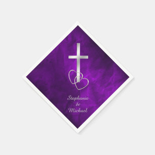 Serviette En Papier Mariage de la Croix chrétienne d'argent violet