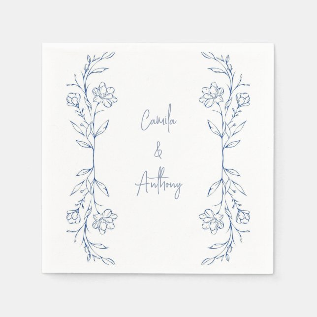 Serviette En Papier Mariage de la frontière côté Boho floral bleu (Devant)