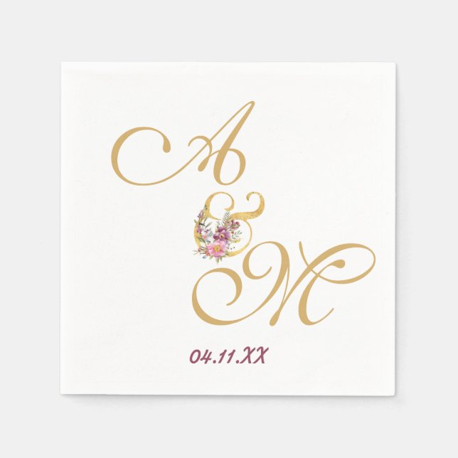 Serviette En Papier Mariage de lettre Gold MONOGRAM PERSONNALISÉ (Devant)