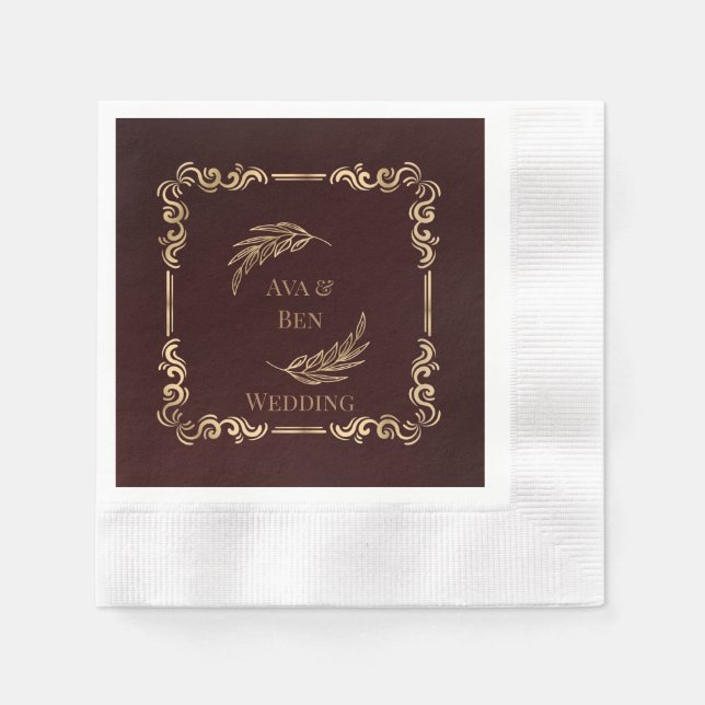 Serviette En Papier Mariage de luxe Bourgogne et or (Devant)