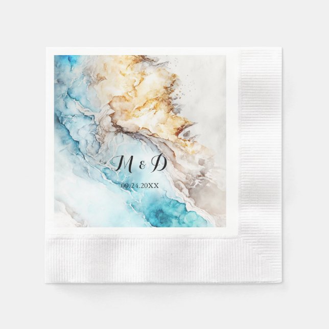 Serviette En Papier Mariage De Luxe En Marbre Bleu Et Or (Devant)