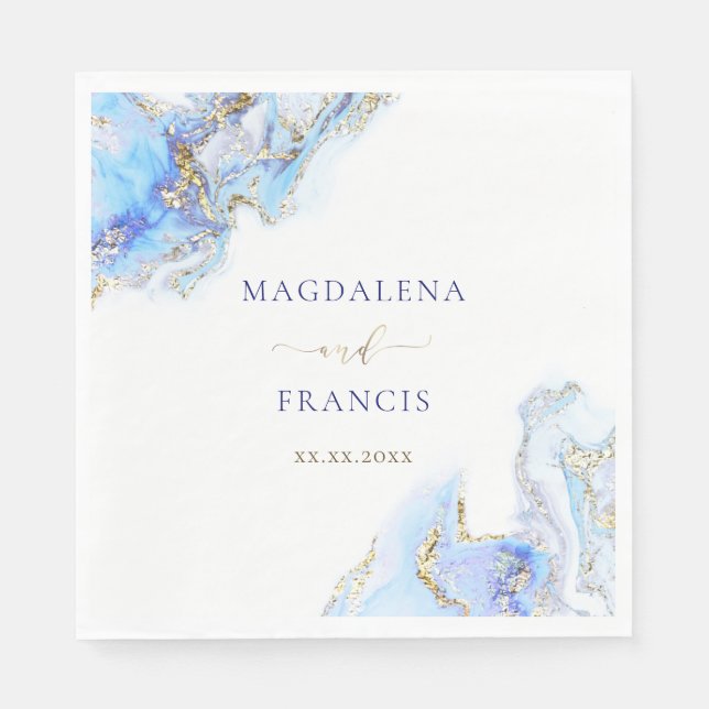 Serviette En Papier mariage de marbre bleu rose (Devant)