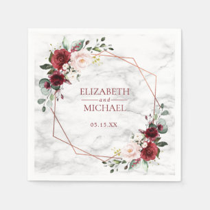 Serviette En Papier Mariage de marbre en cuivre géométrique bordeaux