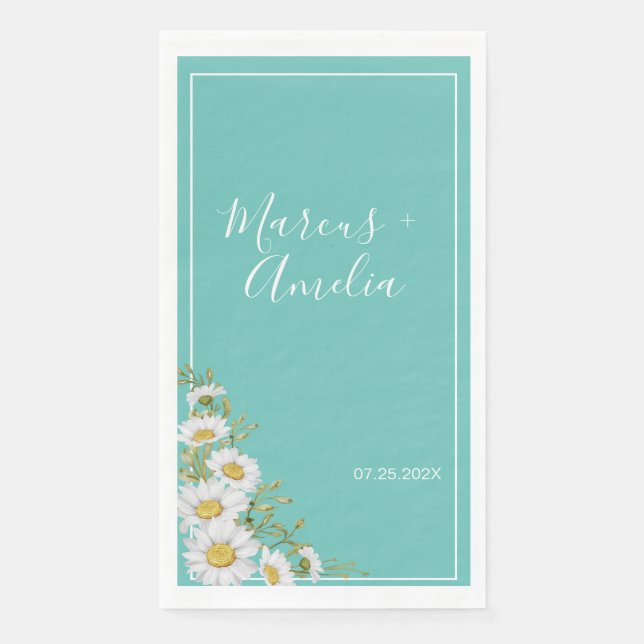 Serviette En Papier Mariage de marguerites Turquoises et blanches (Devant)