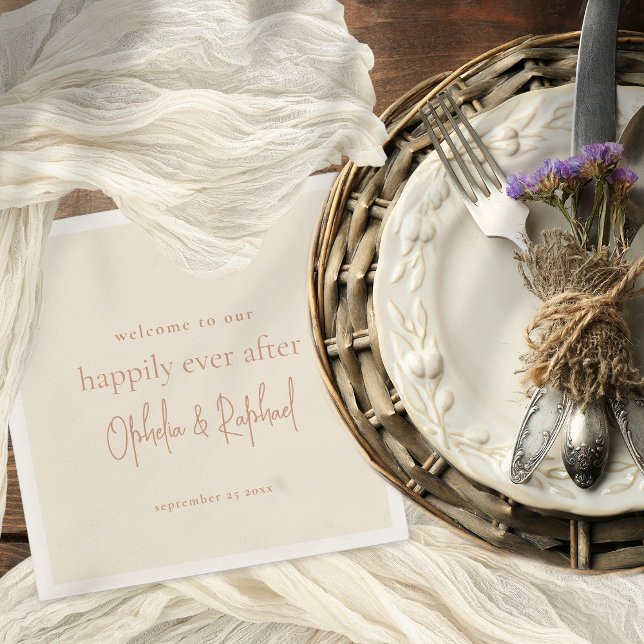 Serviette En Papier Mariage de message de bienvenue de script minimali (Cream with terracotta text napkin)