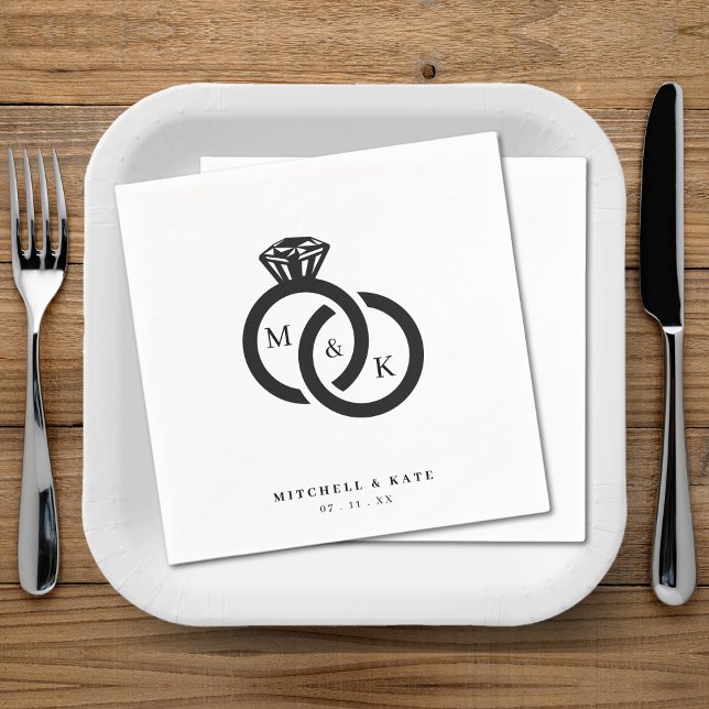 Serviette En Papier Mariage de monogramme à anneaux diamant blanc et n (White & Black Diamond Ring Monogram Wedding Napkins)