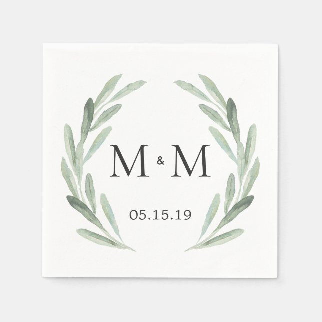 Serviette En Papier Mariage de monogramme de courroie vert rustique (Devant)