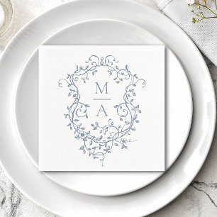 Serviette En Papier Mariage de monogramme de crête florale bleu classi