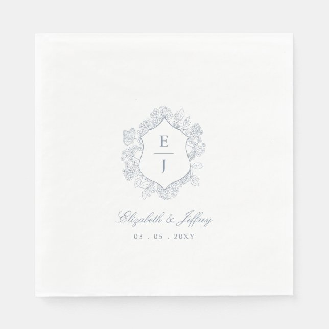 Serviette En Papier Mariage de monogramme de crête florale bleu-poussi (Devant)