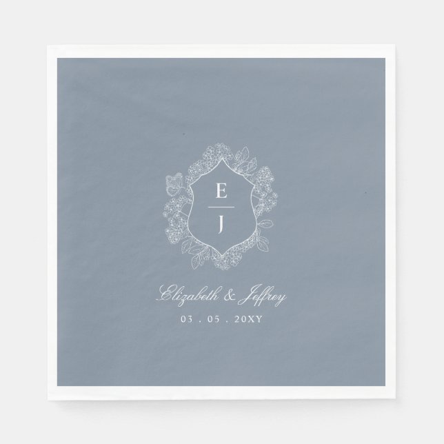 Serviette En Papier Mariage de monogramme de crête florale bleu-poussi (Devant)