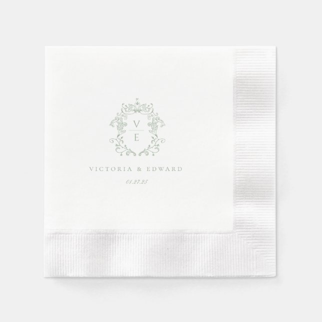 Serviette En Papier Mariage de monogramme de crête verte Sage (Devant)