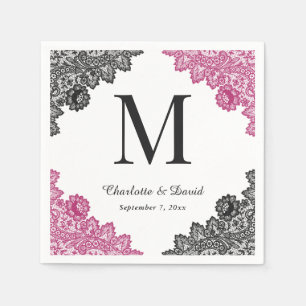 Serviette En Papier Mariage de monogramme de dentelle floue et noire