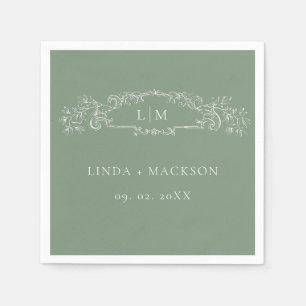 Serviette En Papier Mariage de monogramme de la crête botanique verte