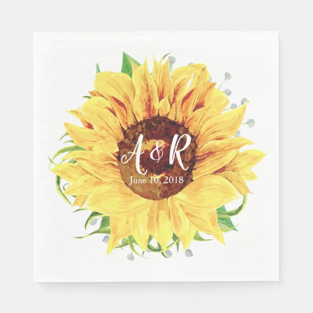 Serviette En Papier Mariage de monogramme de tournesol jaune (Devant)