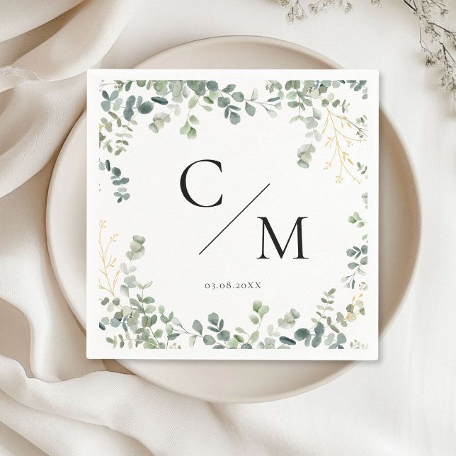 Serviette En Papier Mariage de monogramme Eucalyptus (Monogram Eucalyptus Wedding Napkinswith your name and date.)